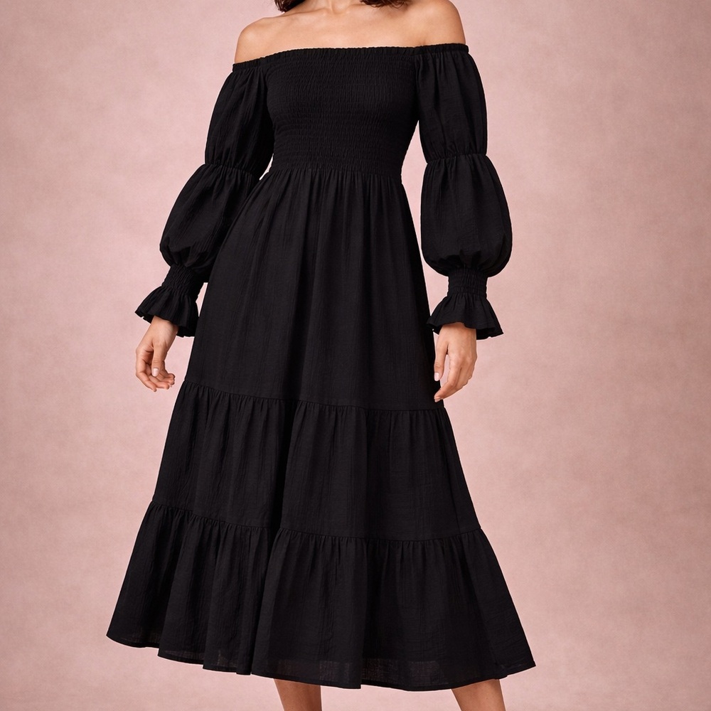 Nothing Fits But Black Smocked Off-Shoulder Midi Dress (Size S) – NWT